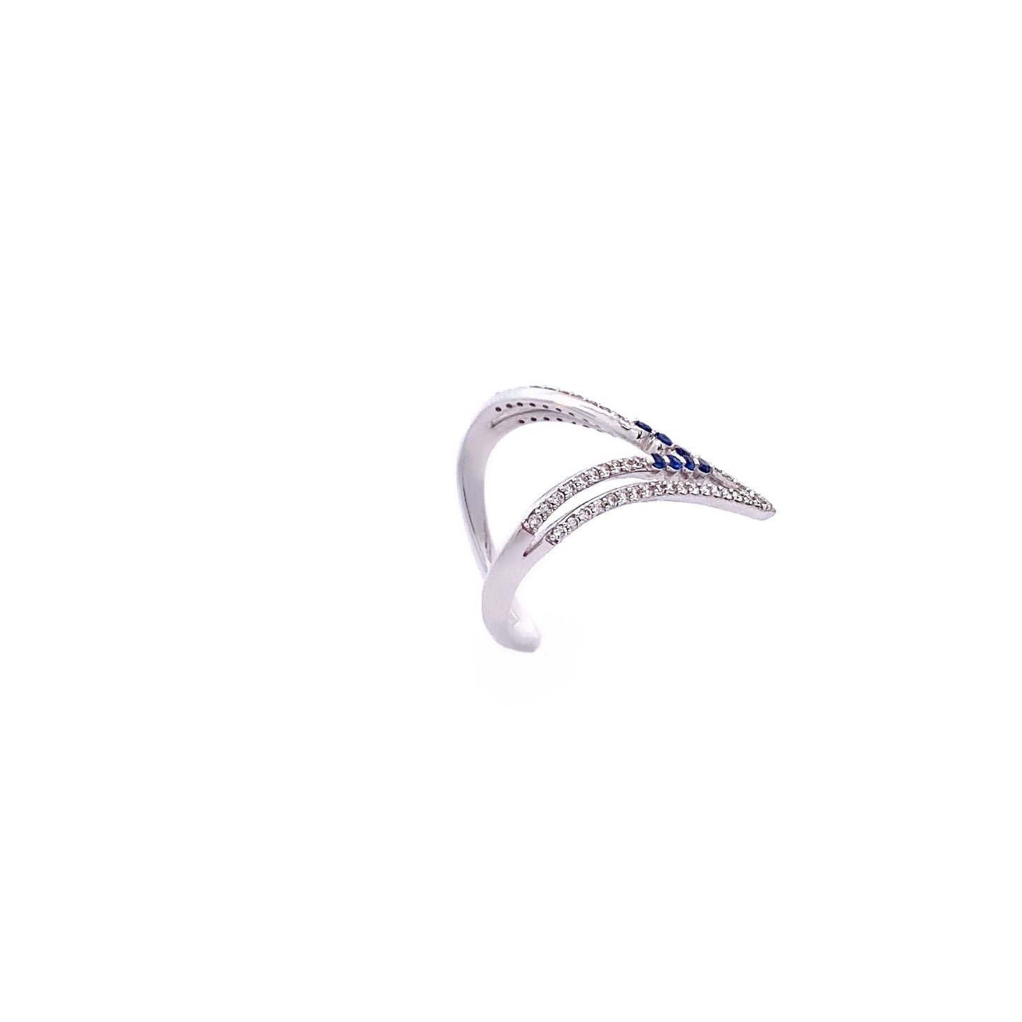 18K White Gold Blue Sapphire and Diamond V Shape Ring