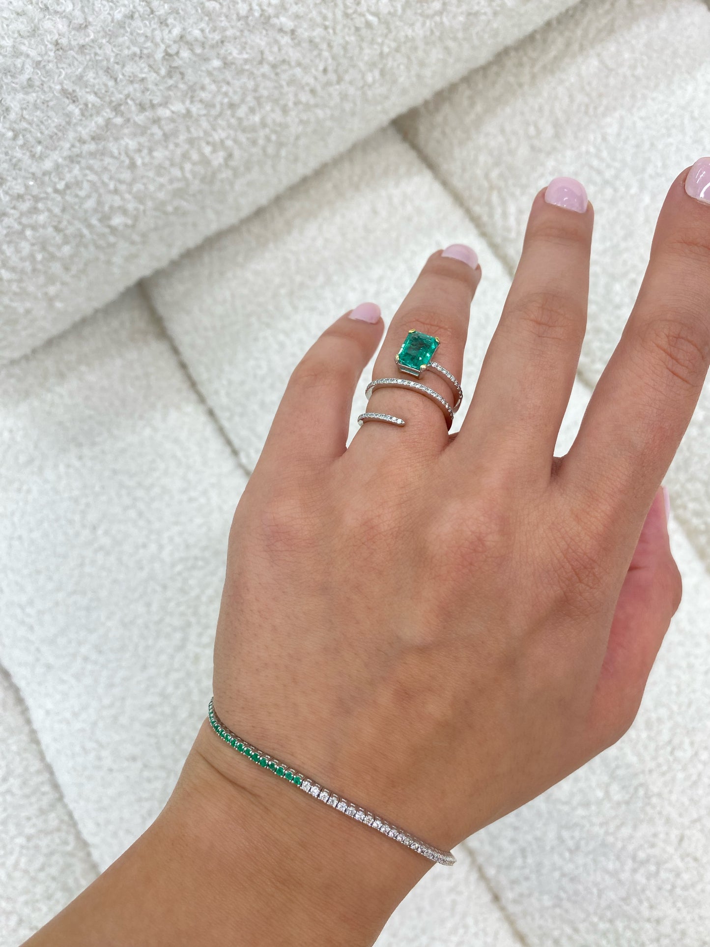 14K White Gold Emerald and Diamond Layer Ring