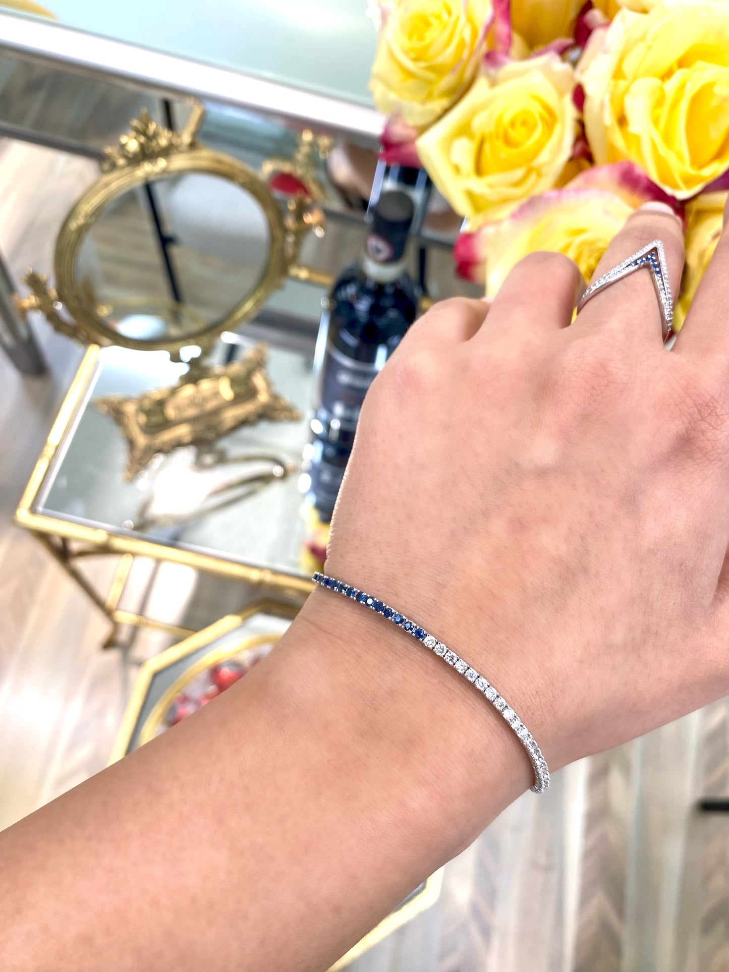 14K White Gold Half Blue Sapphire and Diamond Tennis Bracelet