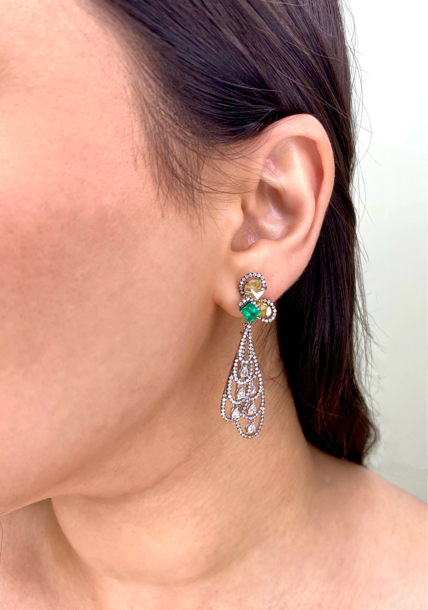 Fancy 18K White Gold Emerald and Diamond Earrings