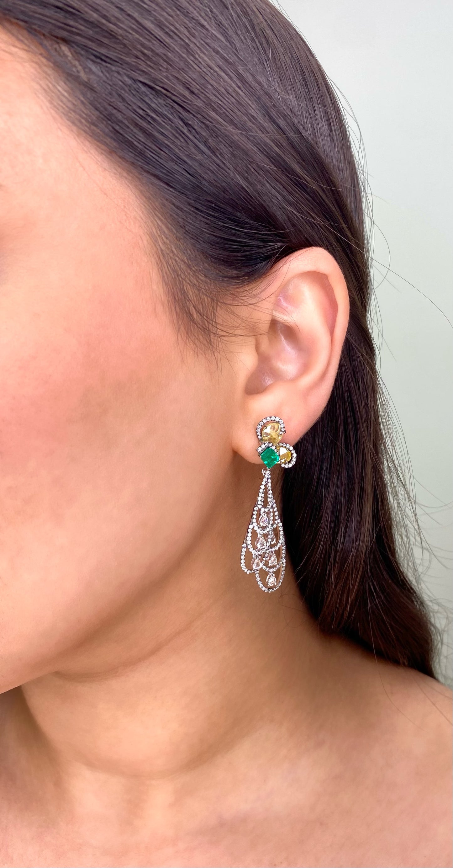 Fancy 18K White Gold Emerald and Diamond Earrings
