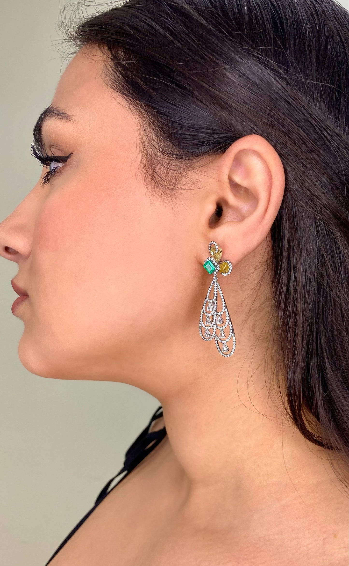Fancy 18K White Gold Emerald and Diamond Earrings