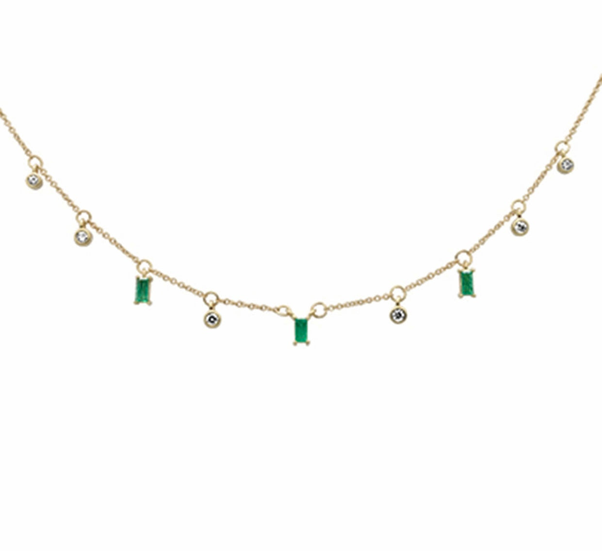 14K Gold Necklace With Dangling Diamonds and Emeralds