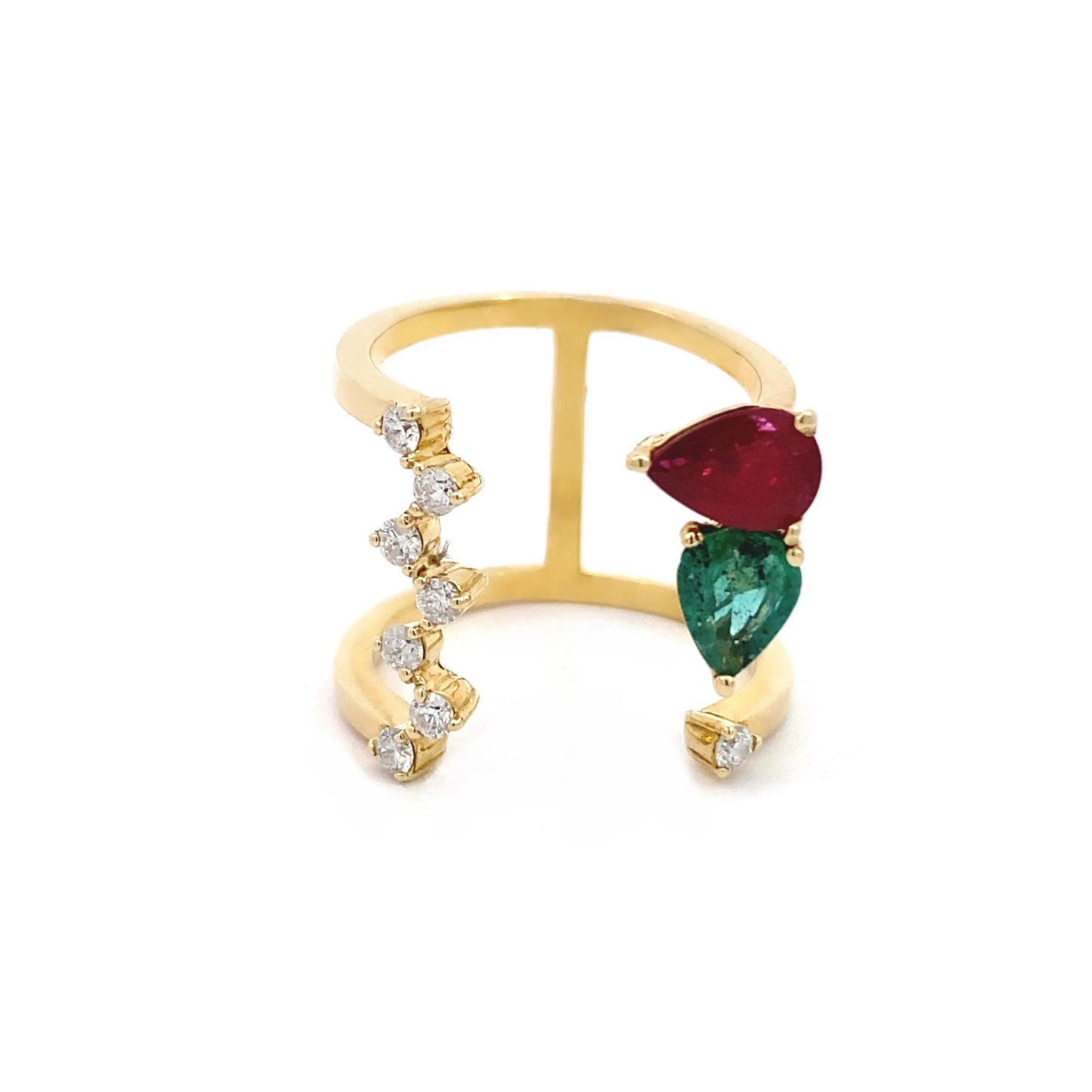 Fancy Emerald, Ruby, and Diamond Cuff Open Ring