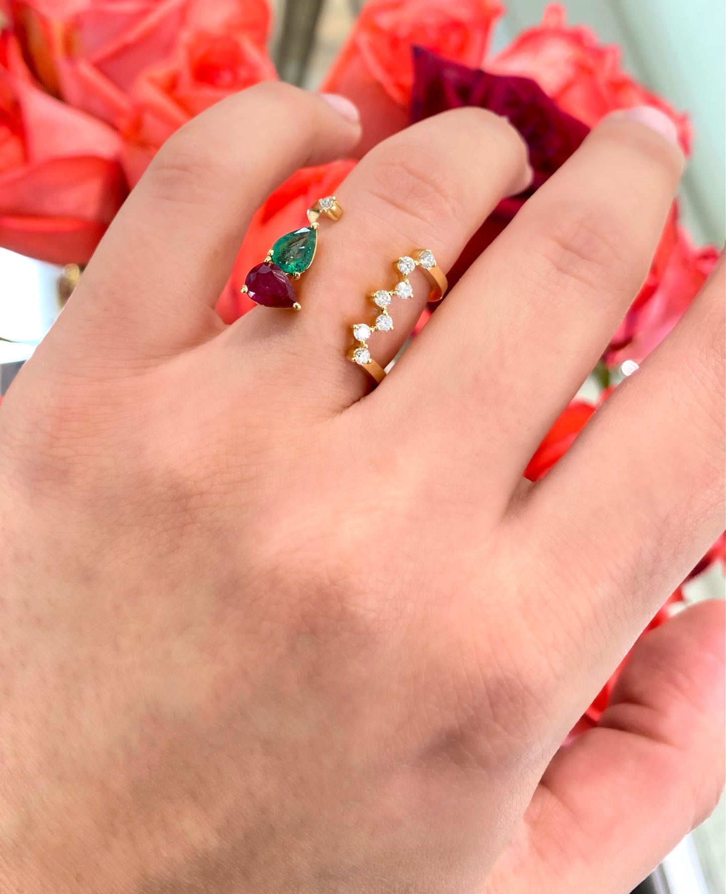 Fancy Emerald, Ruby, and Diamond Cuff Open Ring
