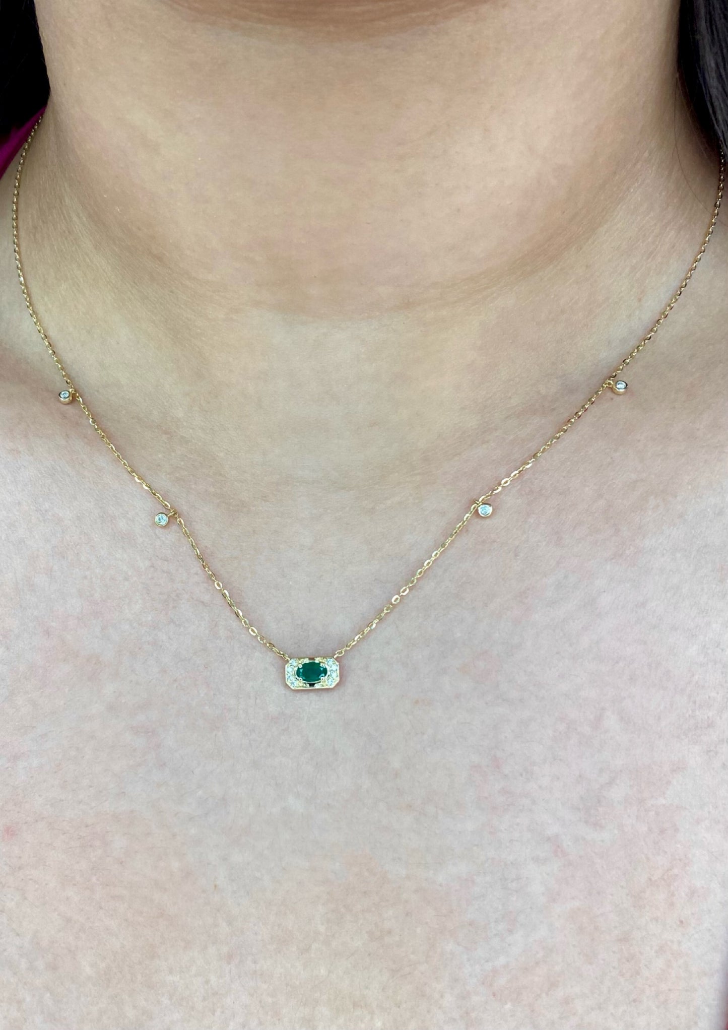14K Yellow Gold Dangling Diamond & Emerald Gemstones Dainty Necklace
