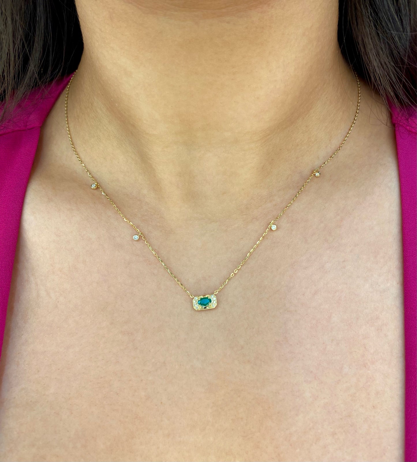 14K Yellow Gold Dangling Diamond & Emerald Gemstones Dainty Necklace