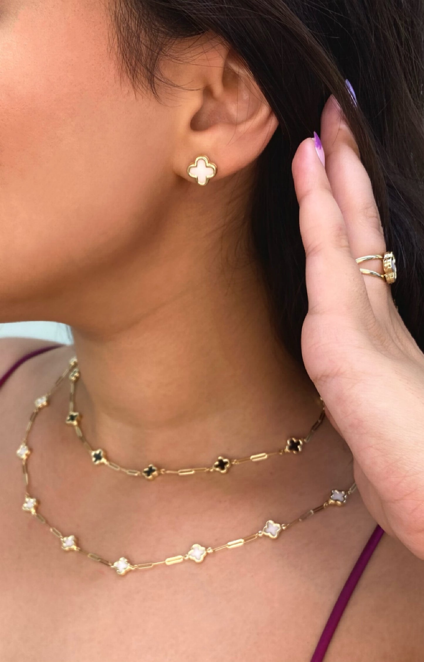 14K Solid Yellow Gold Clover Earrings, trendy clover earrings, white clover earrings, black clover earrings, trendy 14k clover earrings, birthday gift, Valentin’s day gift. Mother’s day gift.