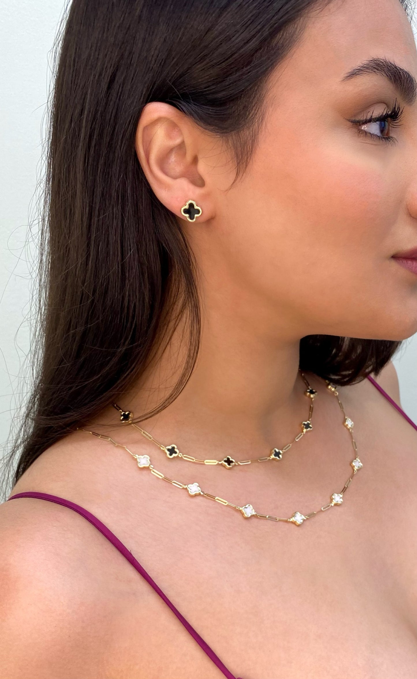 14K Solid Yellow Gold Clover Earrings, trendy clover earrings, white clover earrings, black clover earrings, trendy 14k clover earrings, birthday gift, Valentin’s day gift. Mother’s day gift.