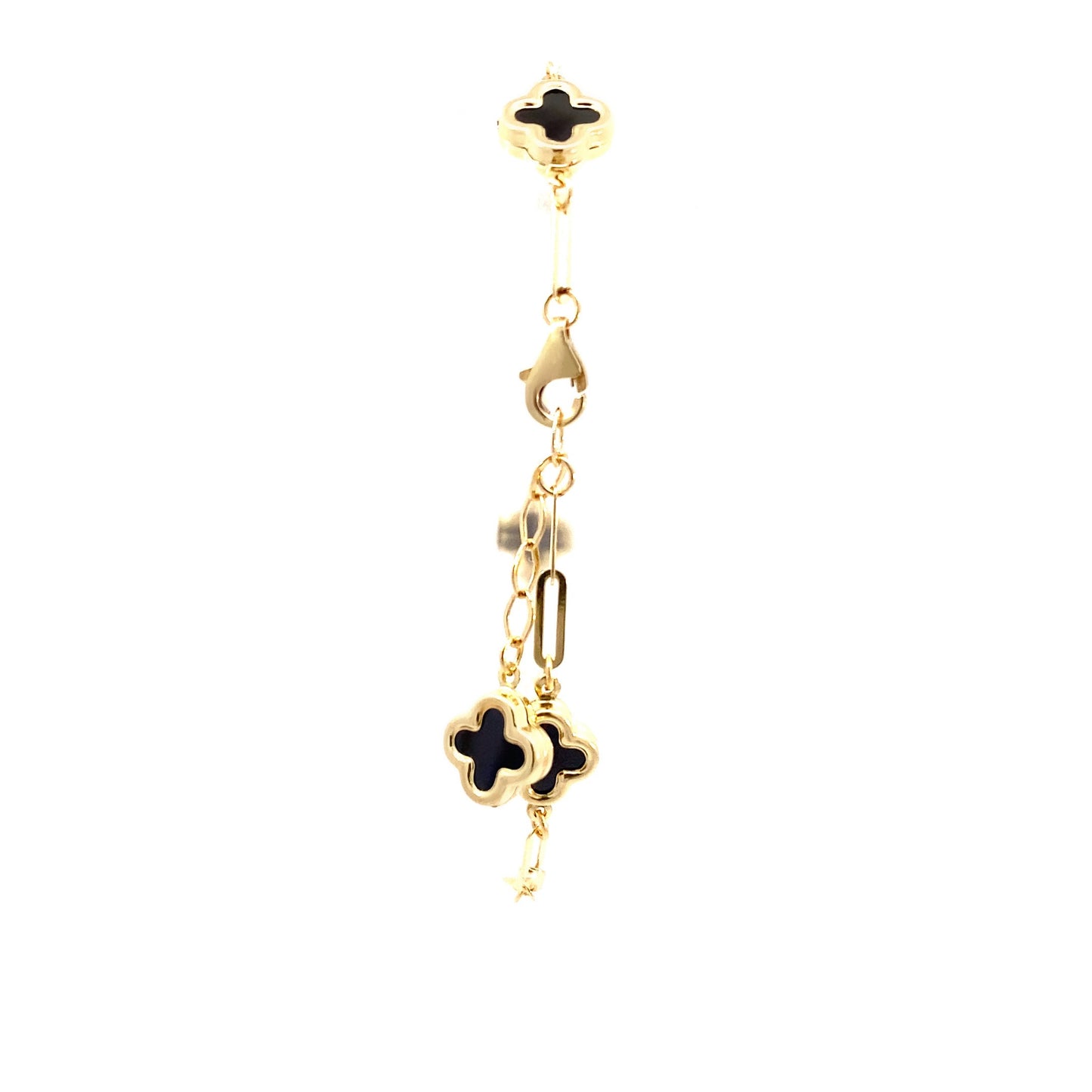 14K Solid Yellow Gold Clover Paperclip Bracelet, clover bracelet, black clover bracelet, white clover bracelet, trendy Paperclip clover bracelet.