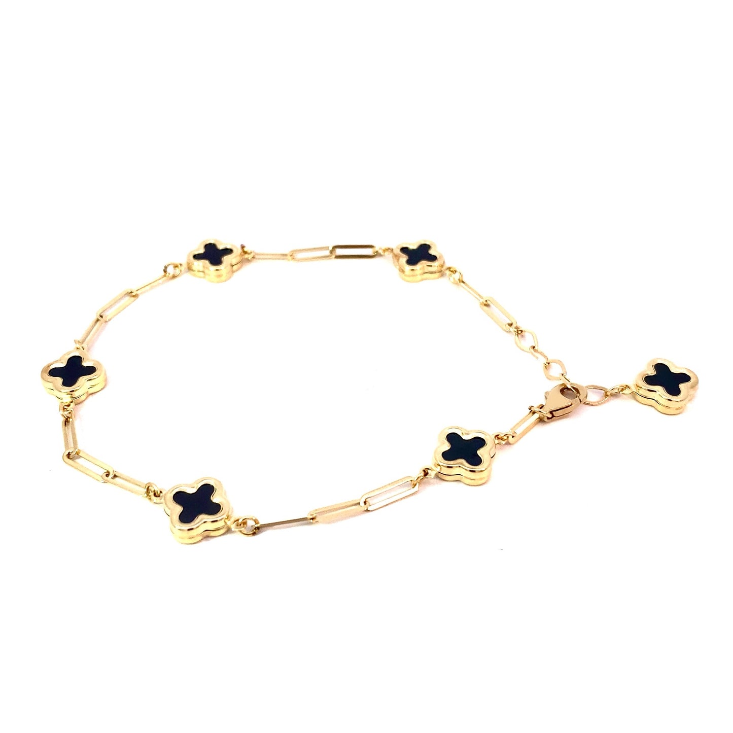 14K Solid Yellow Gold Clover Paperclip Bracelet, clover bracelet, black clover bracelet, white clover bracelet, trendy Paperclip clover bracelet.