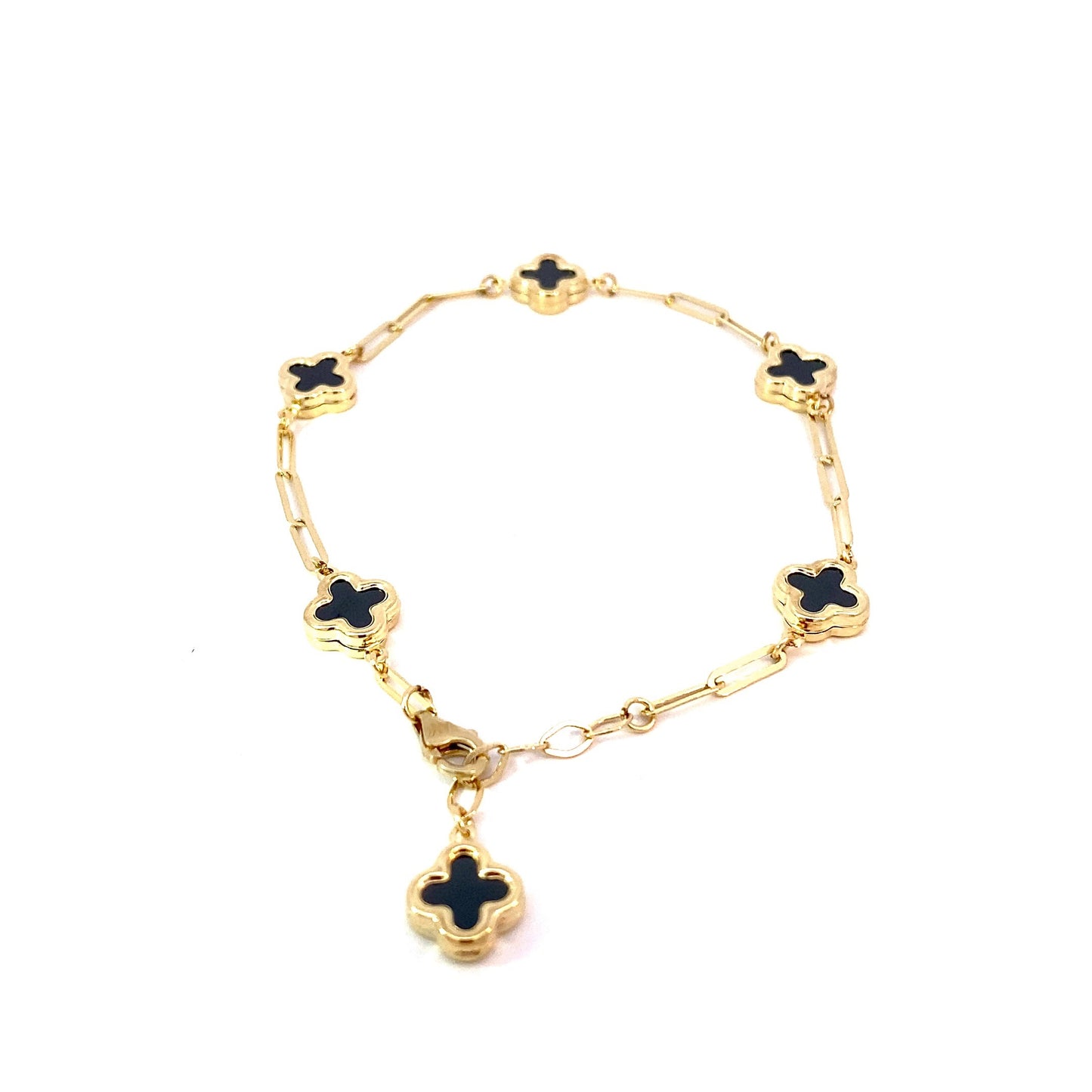 14K Solid Yellow Gold Clover Paperclip Bracelet, clover bracelet, black clover bracelet, white clover bracelet, trendy Paperclip clover bracelet.