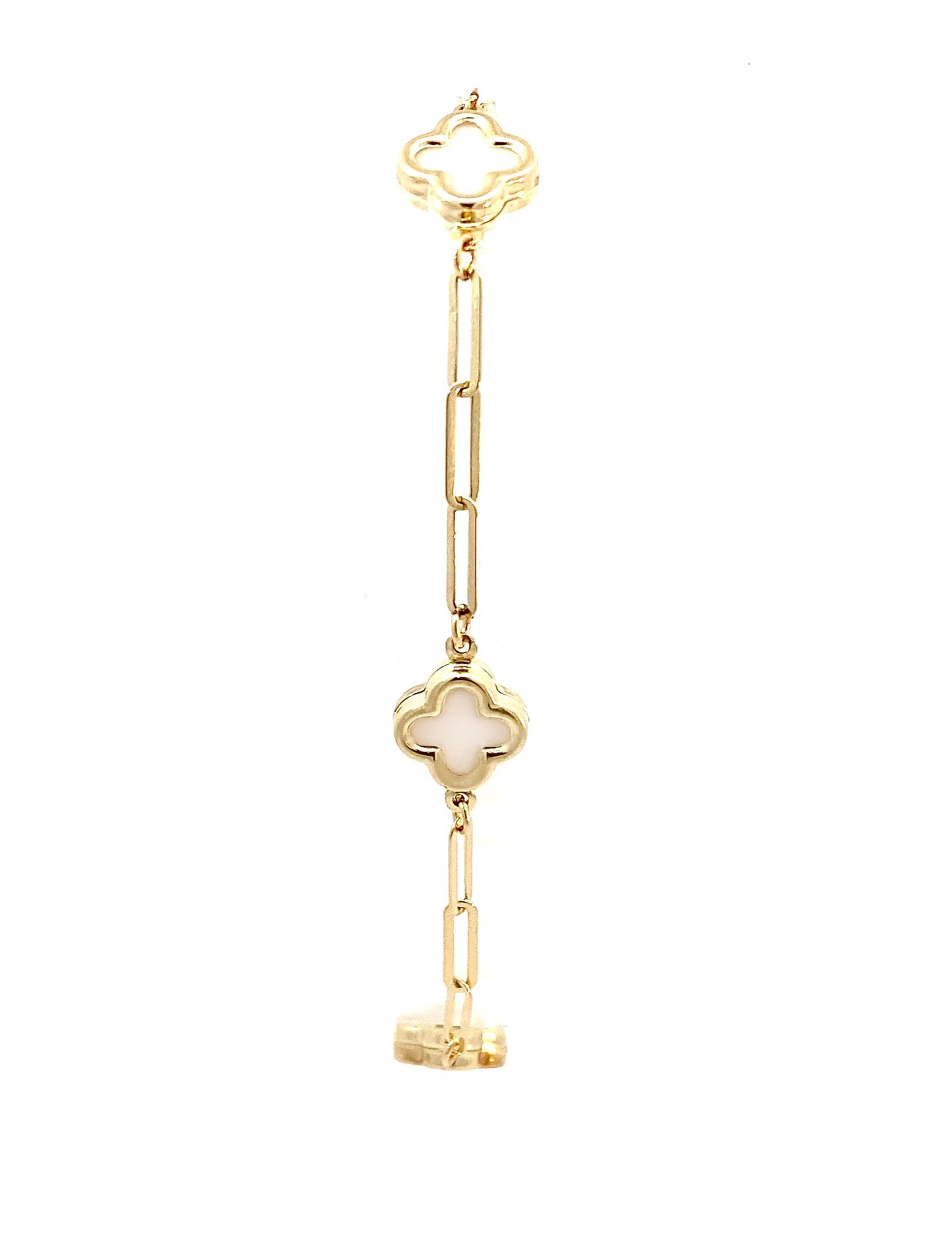 14K Solid Yellow Gold Clover Paperclip Bracelet, clover bracelet, black clover bracelet, white clover bracelet, trendy Paperclip clover bracelet.