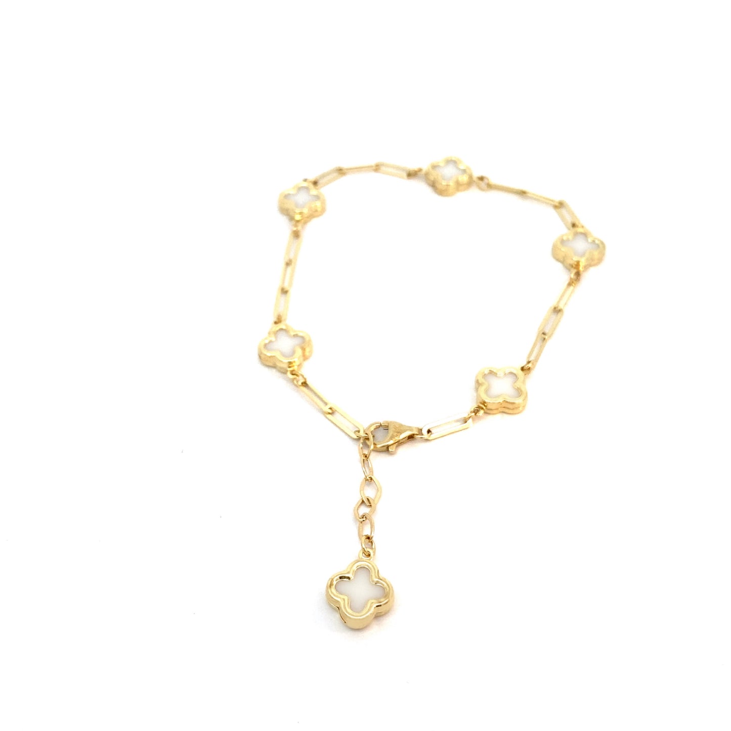 14K Solid Yellow Gold Clover Paperclip Bracelet, clover bracelet, black clover bracelet, white clover bracelet, trendy Paperclip clover bracelet.