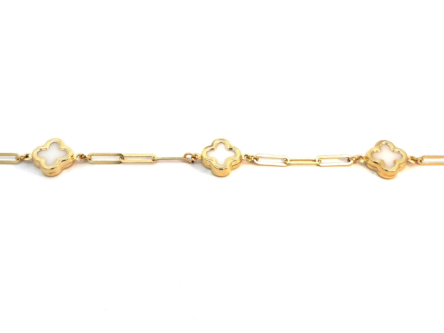 14K Solid Yellow Gold Clover Paperclip Bracelet, clover bracelet, black clover bracelet, white clover bracelet, trendy Paperclip clover bracelet.