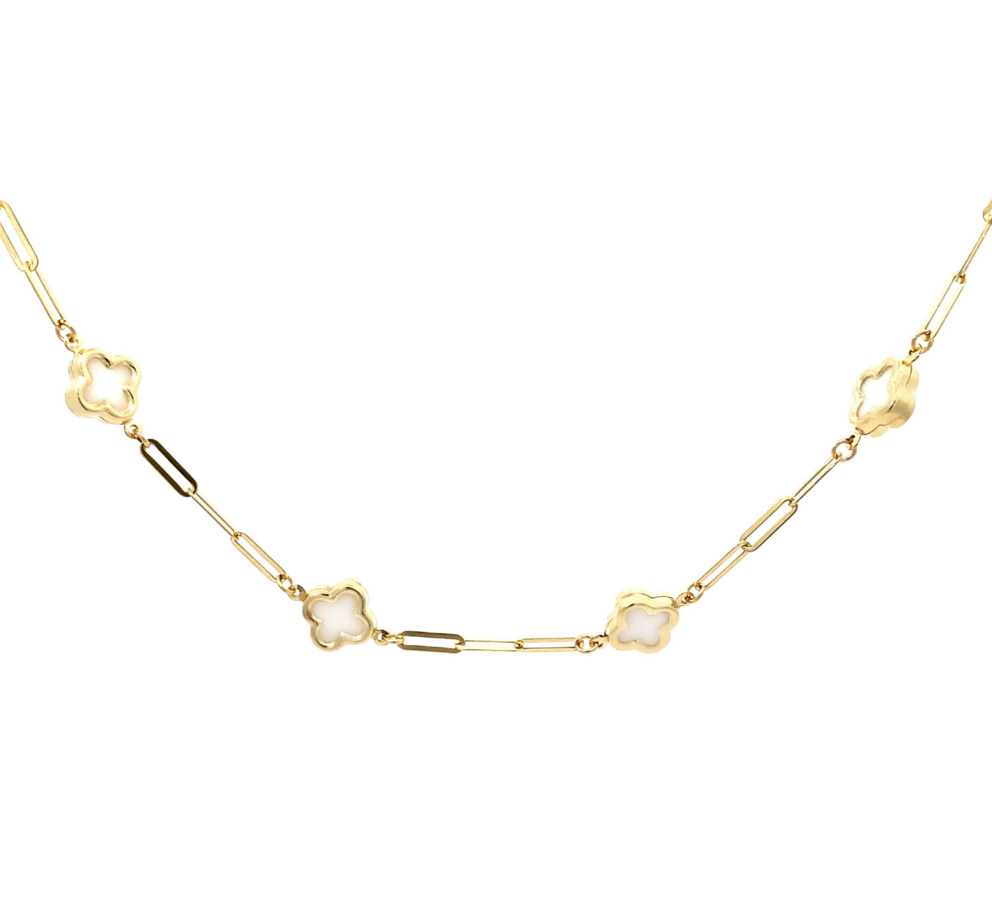 Trendy 14K Yellow Gold Clover Paperclip Necklace, Clover Necklace, Trendy Clover Necklace, beautiful. Clover Necklace, Paperclip Chaim, Paperclip Necklace, Paperclip Clover Necklace, 14K Solid Yellow Gold White Clover Necklace, Black Clover Necklace.