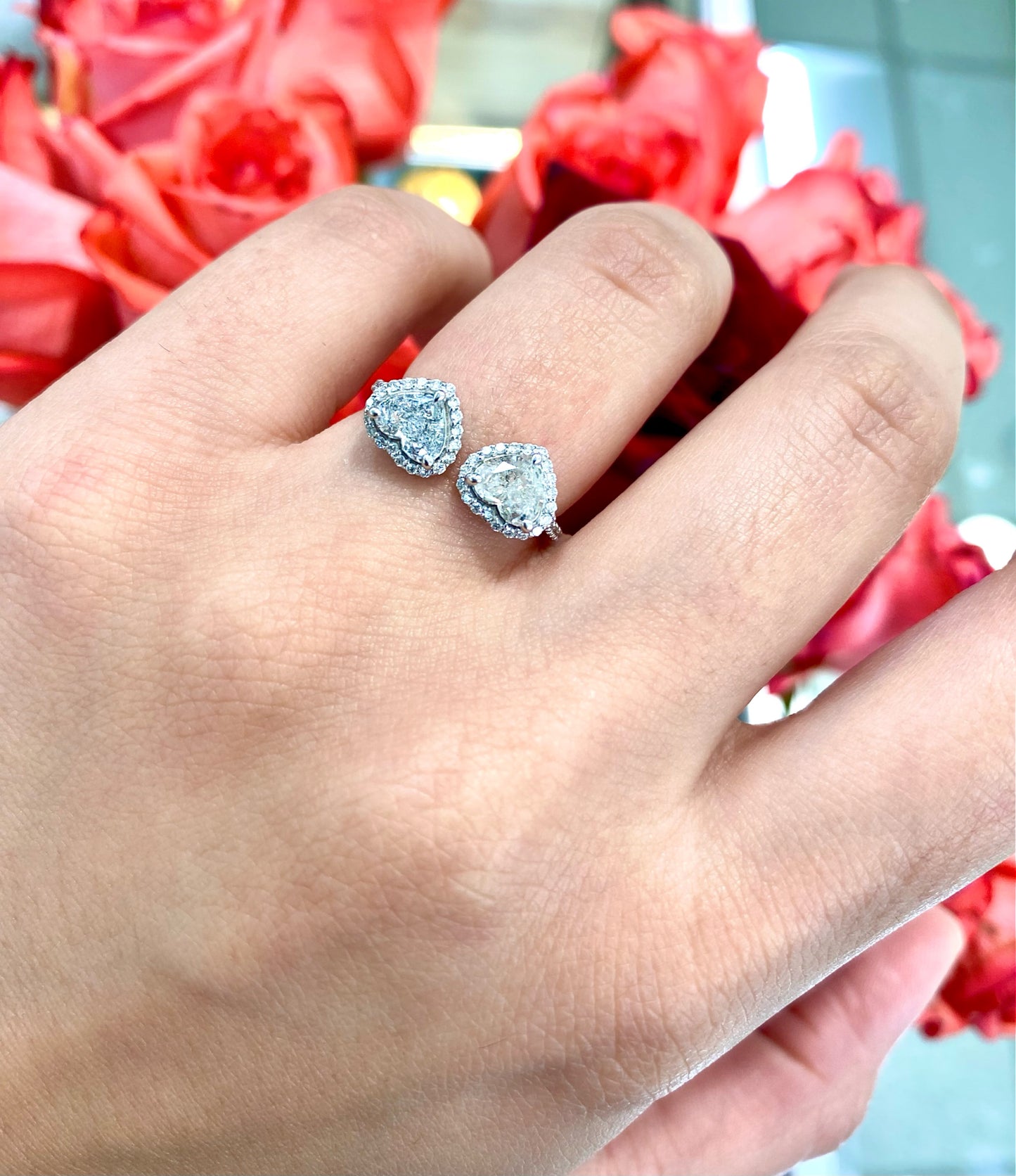 18K White Gold Double Heart Diamond Open Ring, trendy 18k solid white gold natural diamond heart ring, Valentine’s Day gift, heart shape diamond, heart ring, trendy diamond ring, open ring, two stone diamond ring.