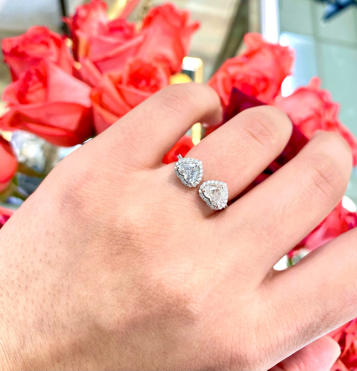 18K White Gold Double Heart Diamond Open Ring, trendy 18k solid white gold natural diamond heart ring, Valentine’s Day gift, heart shape diamond, heart ring, trendy diamond ring, open ring, two stone diamond ring.