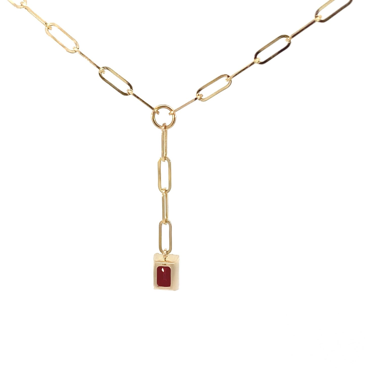 14K Yellow Gold Ruby Gemstones Paper Clip Pendant Lariat Necklace, Natural Ruby Necklace, Natural Ruby Pendant, Dark Ruby Pendant. Trendy Paperclip Ruby Necklace. 14K Solid Yellow Gold paperclip Necklace.