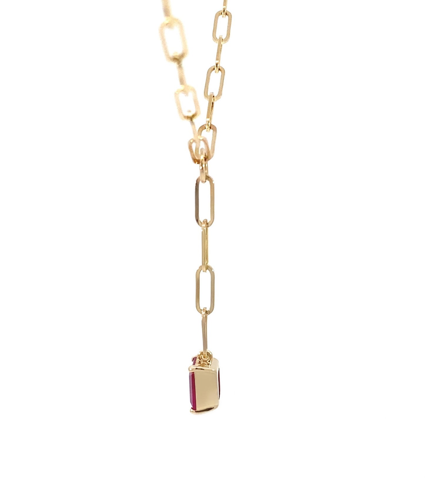 14K Yellow Gold Ruby Gemstones Paper Clip Pendant Lariat Necklace, Natural Ruby Necklace, Natural Ruby Pendant, Dark Ruby Pendant. Trendy Paperclip Ruby Necklace. 14K Solid Yellow Gold paperclip Necklace.