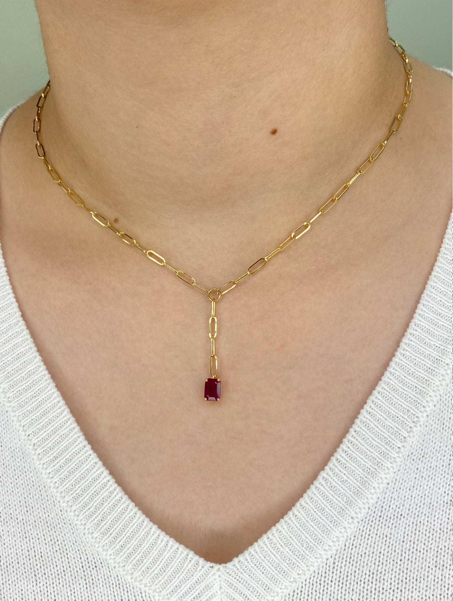 14K Yellow Gold Ruby Gemstones Paper Clip Pendant Lariat Necklace, Natural Ruby Necklace, Natural Ruby Pendant, Dark Ruby Pendant. Trendy Paperclip Ruby Necklace. 14K Solid Yellow Gold paperclip Necklace.
