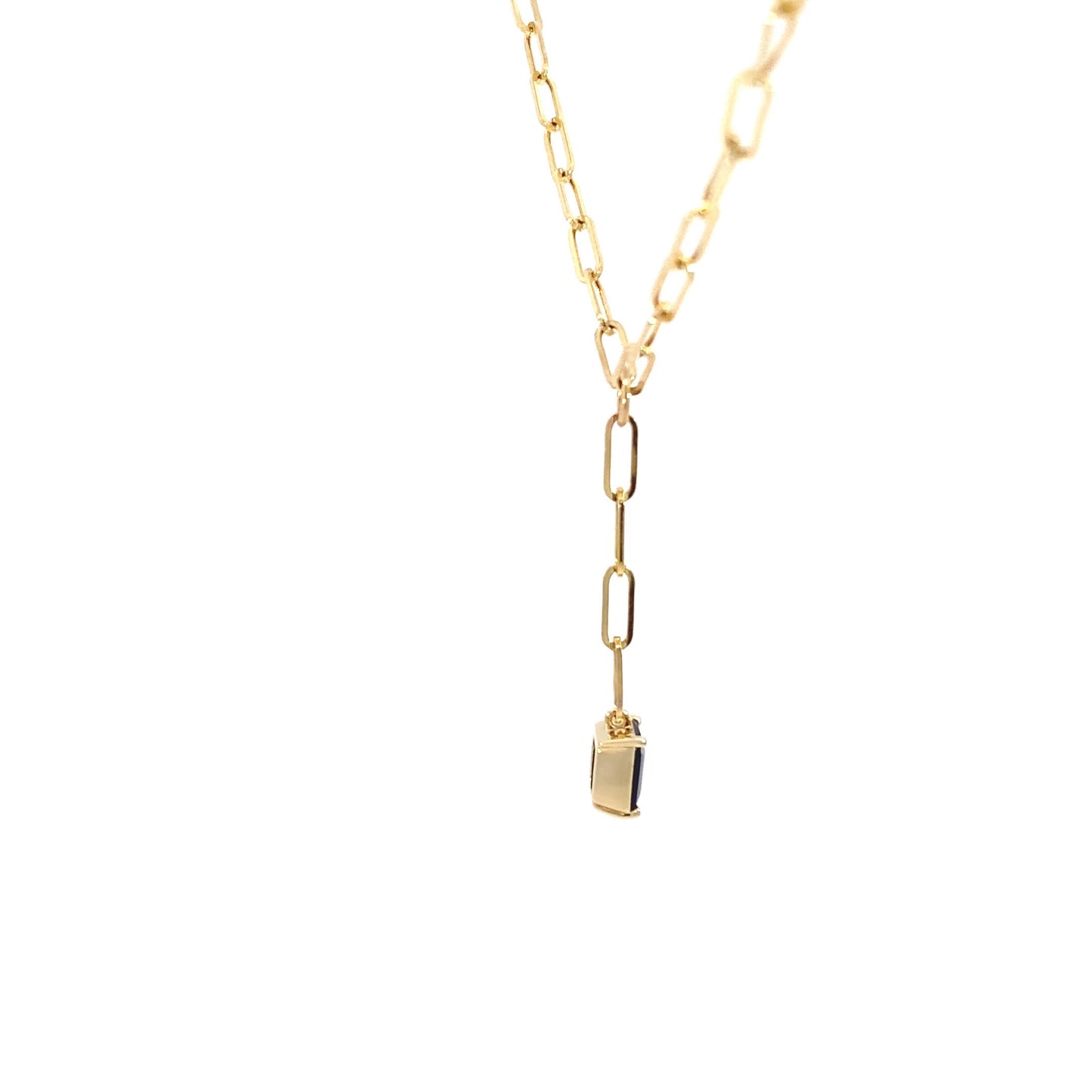 14K Yellow Gold Natural Blue Sapphire Gemstone Paperclip Lariat Necklace