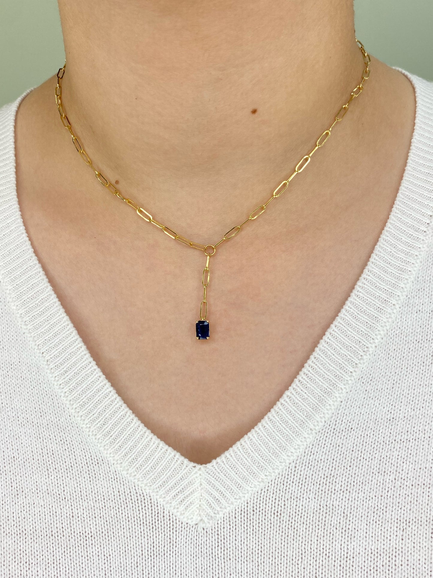 14K Yellow Gold Natural Blue Sapphire Gemstone Paperclip Lariat Necklace