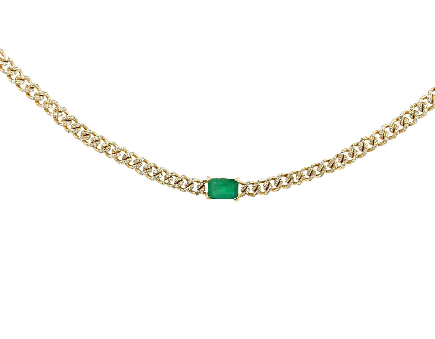 14K Yellow Gold Diamond Cuban Necklace with Emerald. 14K Solid Yellow Gold Cuban Link necklace with natural Diamond and green Emerald. Choker Necklace. Trendy Diamond necklace, Iced out Diamond Necklace.