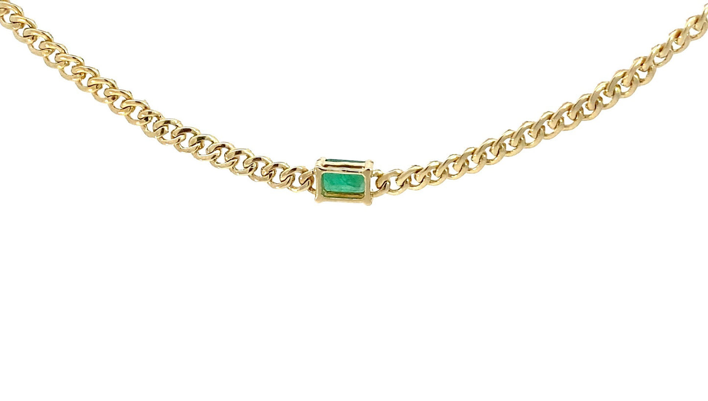 14K Yellow Gold Diamond Cuban Necklace with Emerald. 14K Solid Yellow Gold Cuban Link necklace with natural Diamond and green Emerald. Choker Necklace. Trendy Diamond necklace, Iced out Diamond Necklace.