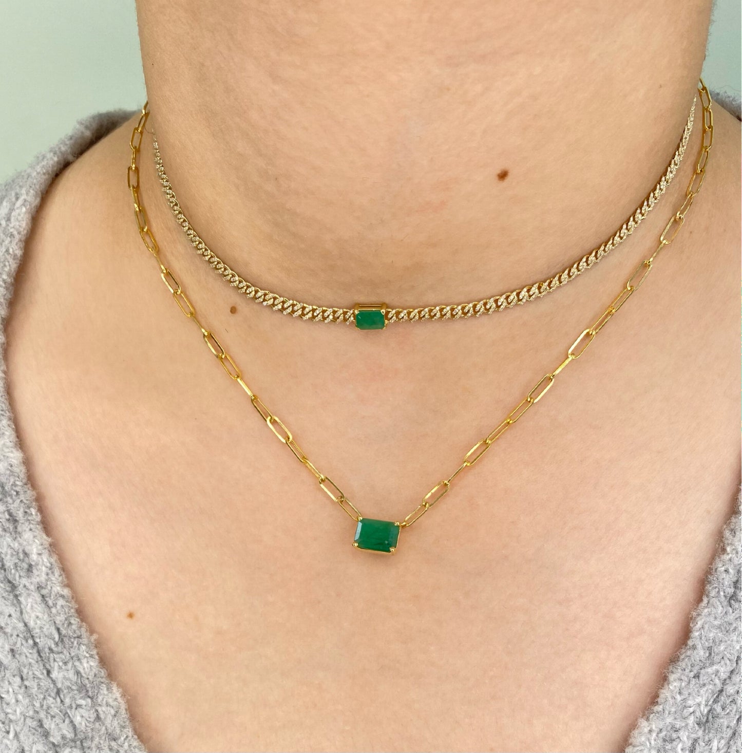 14K Yellow Gold Diamond Cuban Necklace with Emerald. 14K Solid Yellow Gold Cuban Link necklace with natural Diamond and green Emerald. Choker Necklace. Trendy Diamond necklace, Iced out Diamond Necklace.