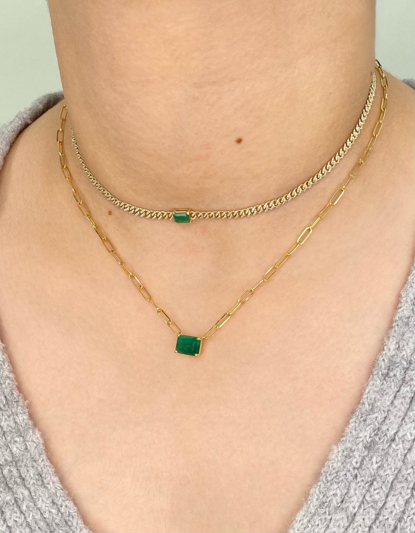 14K Yellow Gold Diamond Cuban Necklace with Emerald. 14K Solid Yellow Gold Cuban Link necklace with natural Diamond and green Emerald. Choker Necklace. Trendy Diamond necklace, Iced out Diamond Necklace.