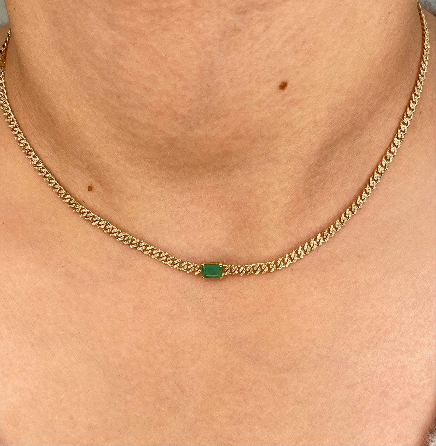 14K Yellow Gold Diamond Cuban Necklace with Emerald. 14K Solid Yellow Gold Cuban Link necklace with natural Diamond and green Emerald. Choker Necklace. Trendy Diamond necklace, Iced out Diamond Necklace.