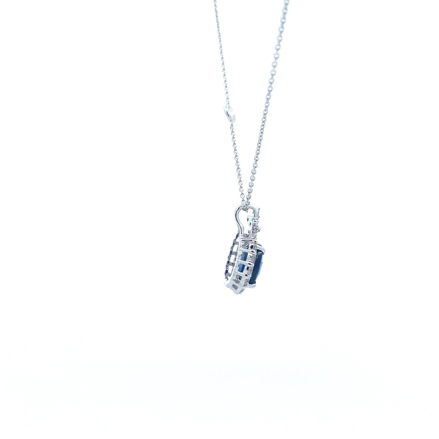 18K White Gold Blue Sapphire and Diamond Pendant Chain Necklace