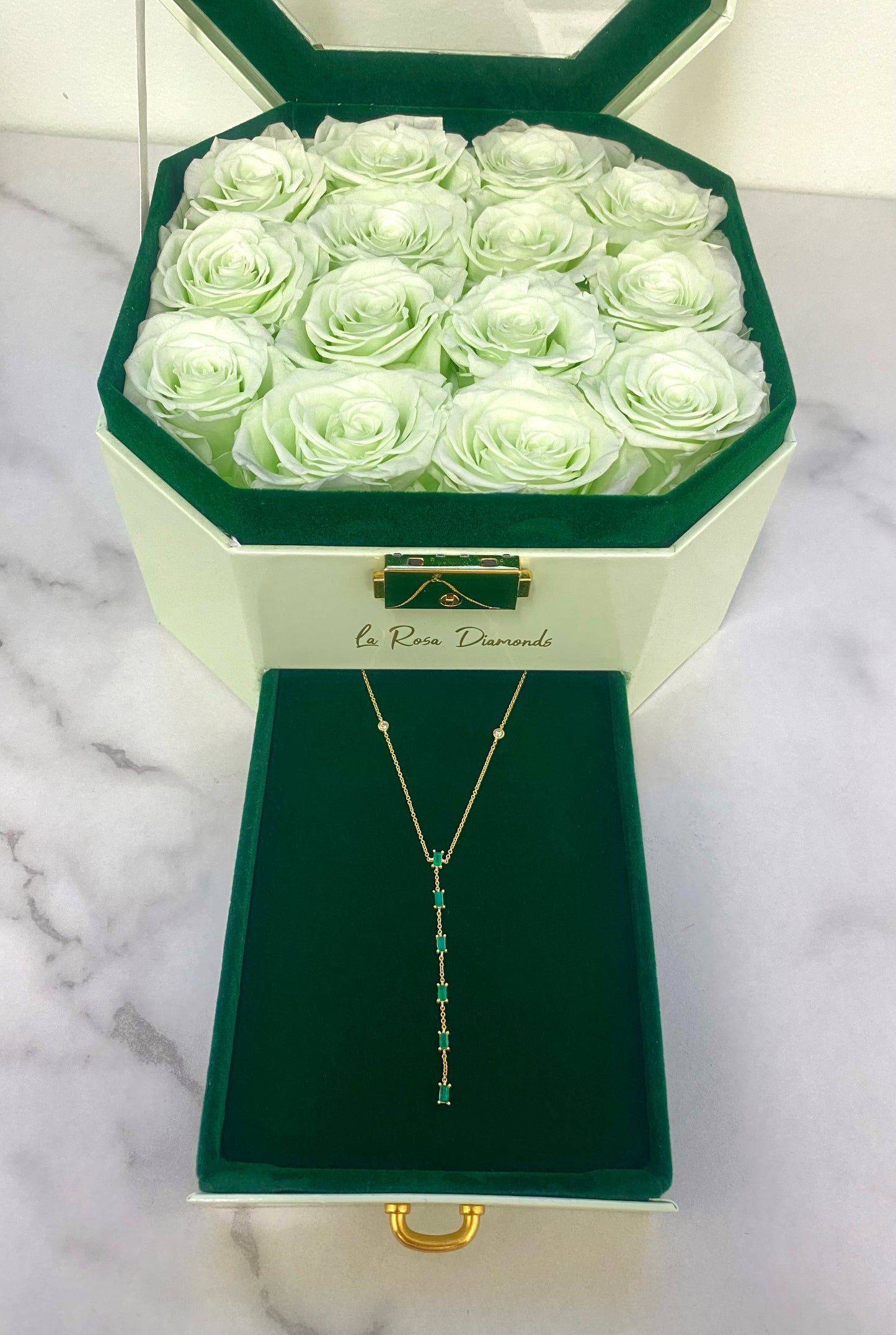 14K Yellow Gold Diamond & Emerald Gemstone Lariat Necklace