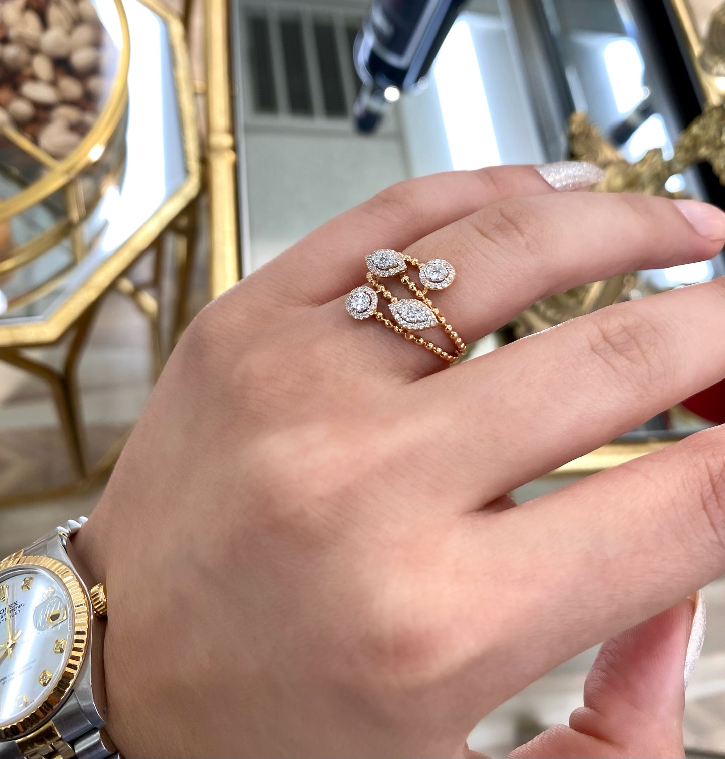 18K Rose Gold Diamond Multi Shape Layer Ring
