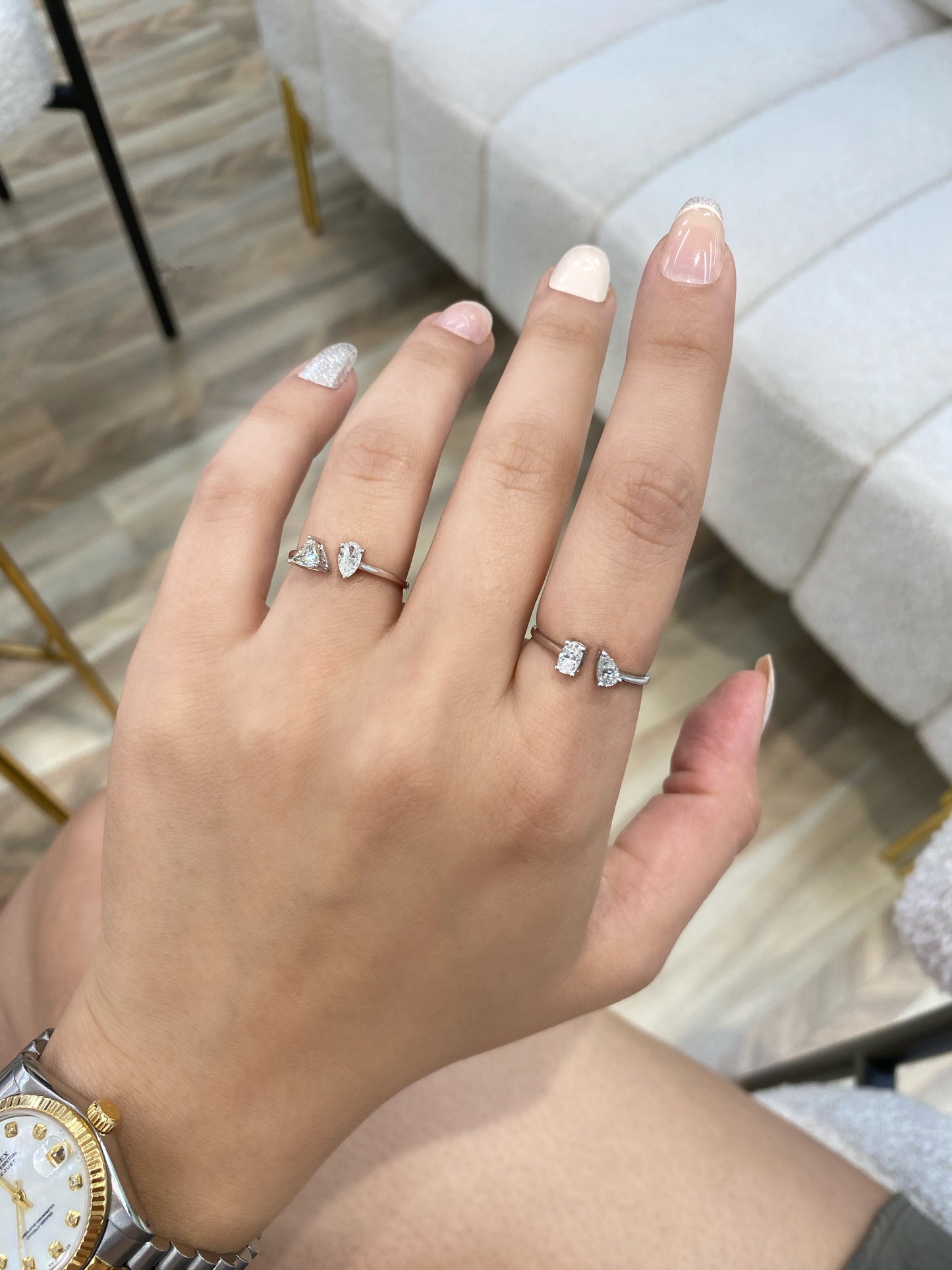 18K White Gold Pear Shape and Oval Diamond Ring