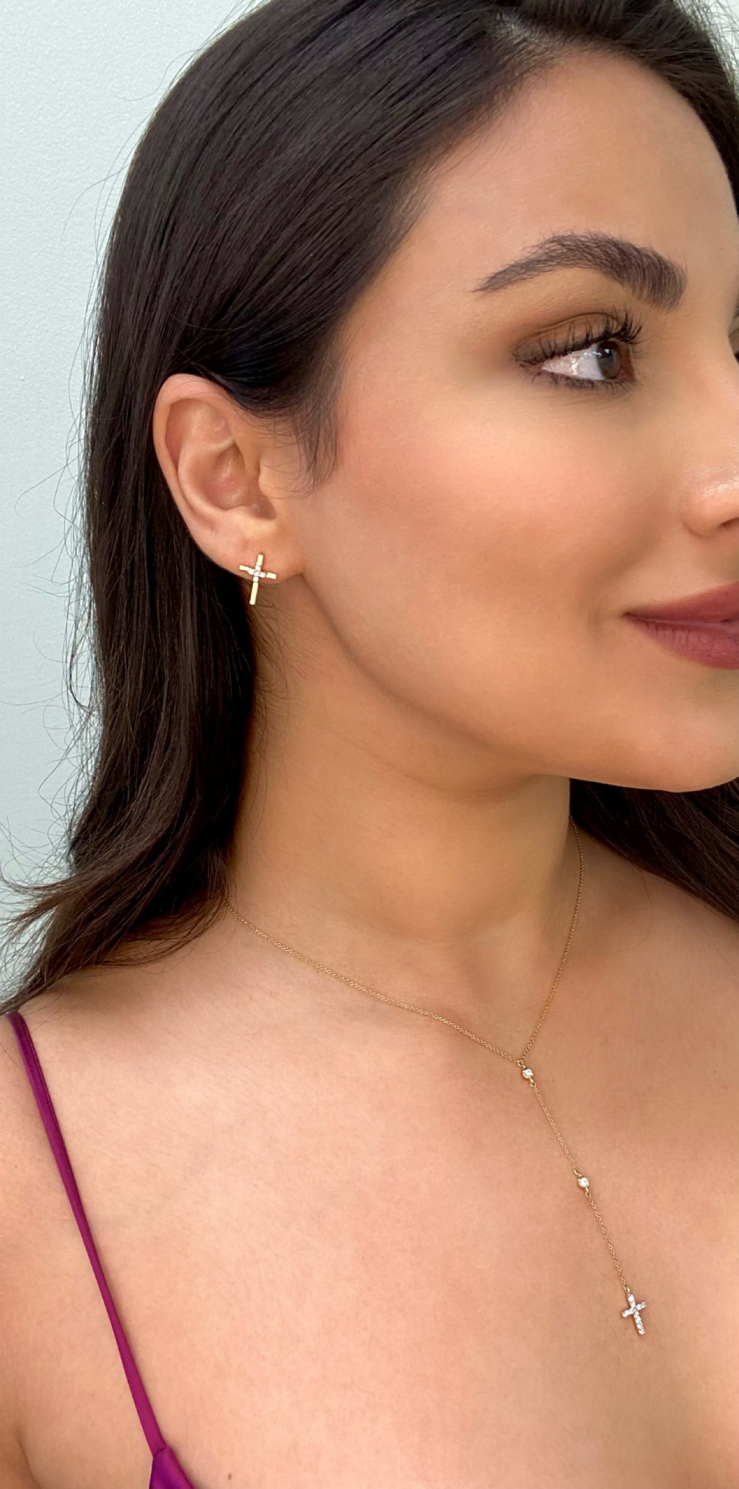 14K Gold Diamond Cross Drop Pendant Lariat Necklace