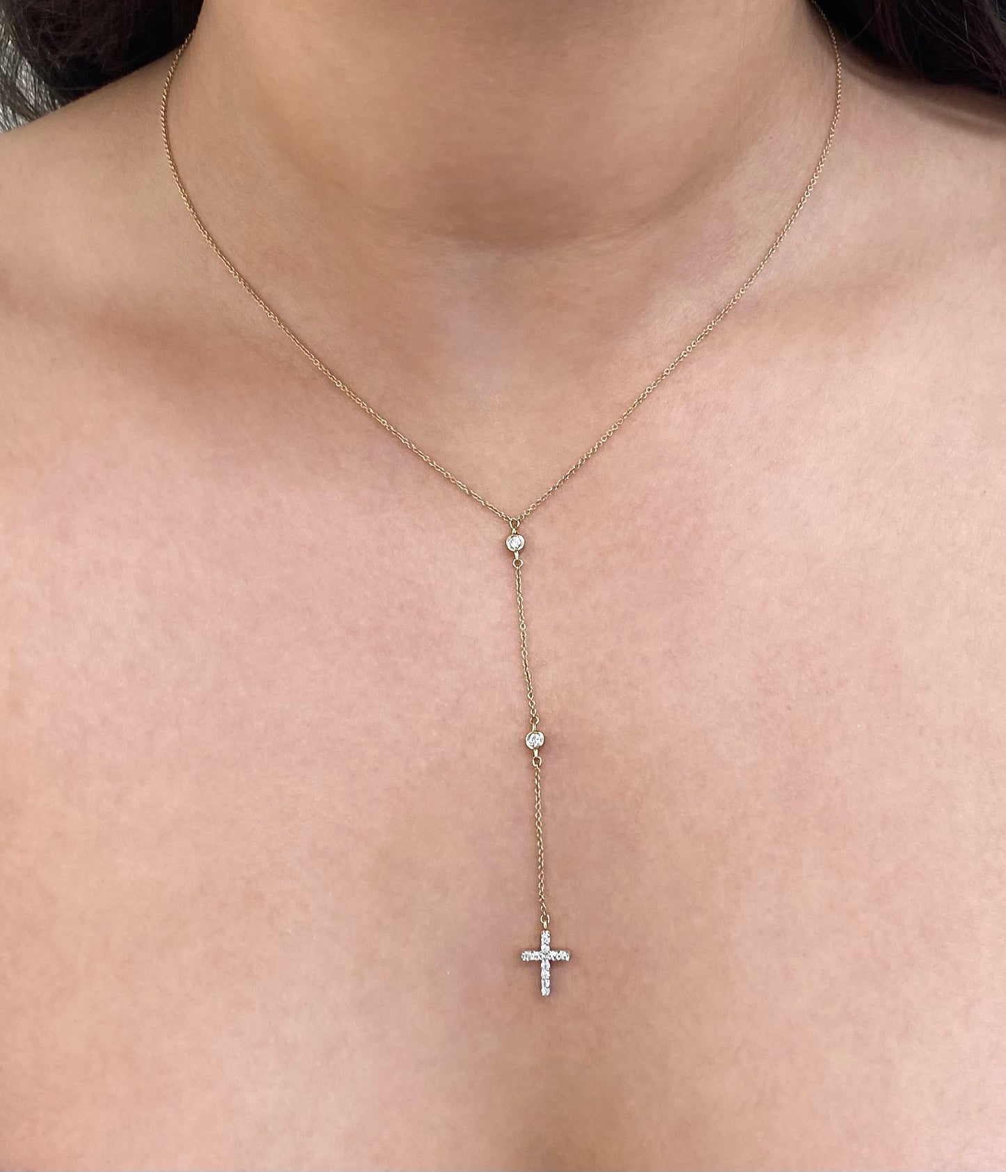 14K Gold Diamond Cross Drop Pendant Lariat Necklace