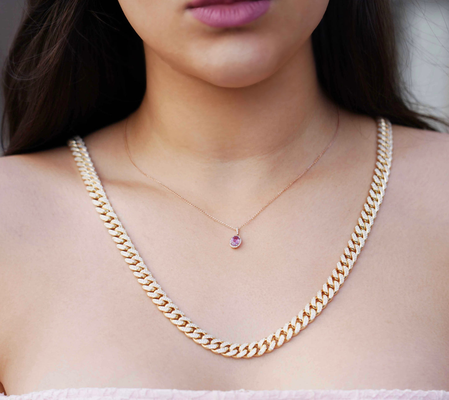 14K Rose Gold Oval Pink Sapphire and Diamond Pendant Necklace