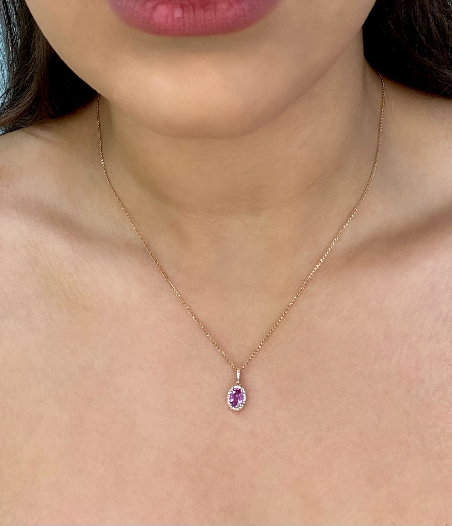 14K Rose Gold Oval Pink Sapphire and Diamond Pendant Necklace