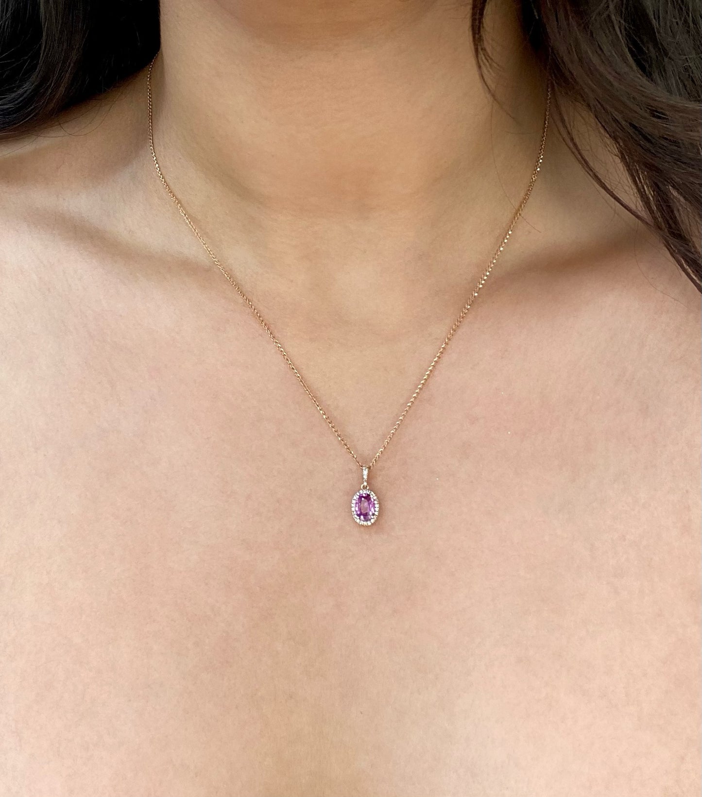 14K Rose Gold Oval Pink Sapphire and Diamond Pendant Necklace