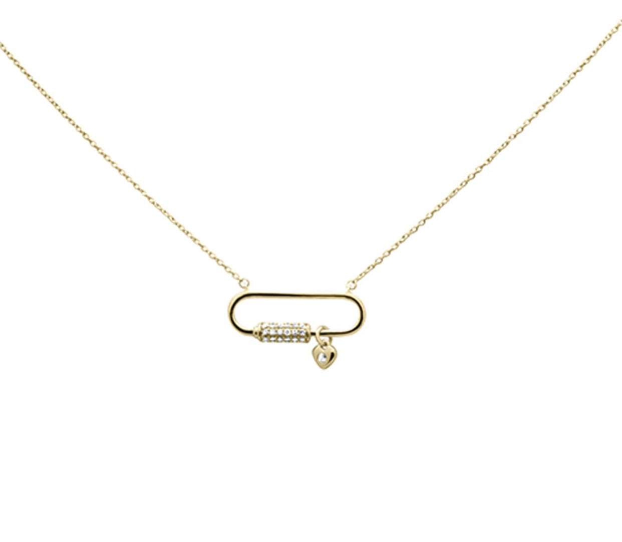 14K Gold Diamond Paper Clip Pendant Necklace With Dangling Heart