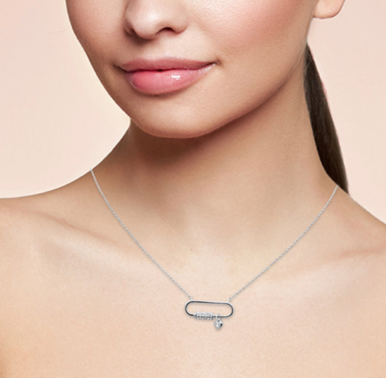14K Gold Diamond Paper Clip Pendant Necklace With Dangling Heart