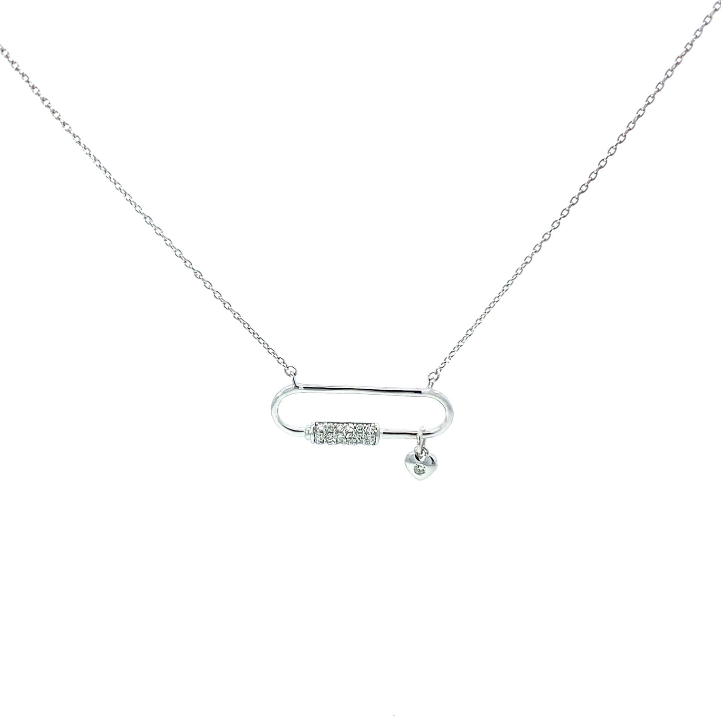 14K Gold Diamond Paper Clip Pendant Necklace With Dangling Heart