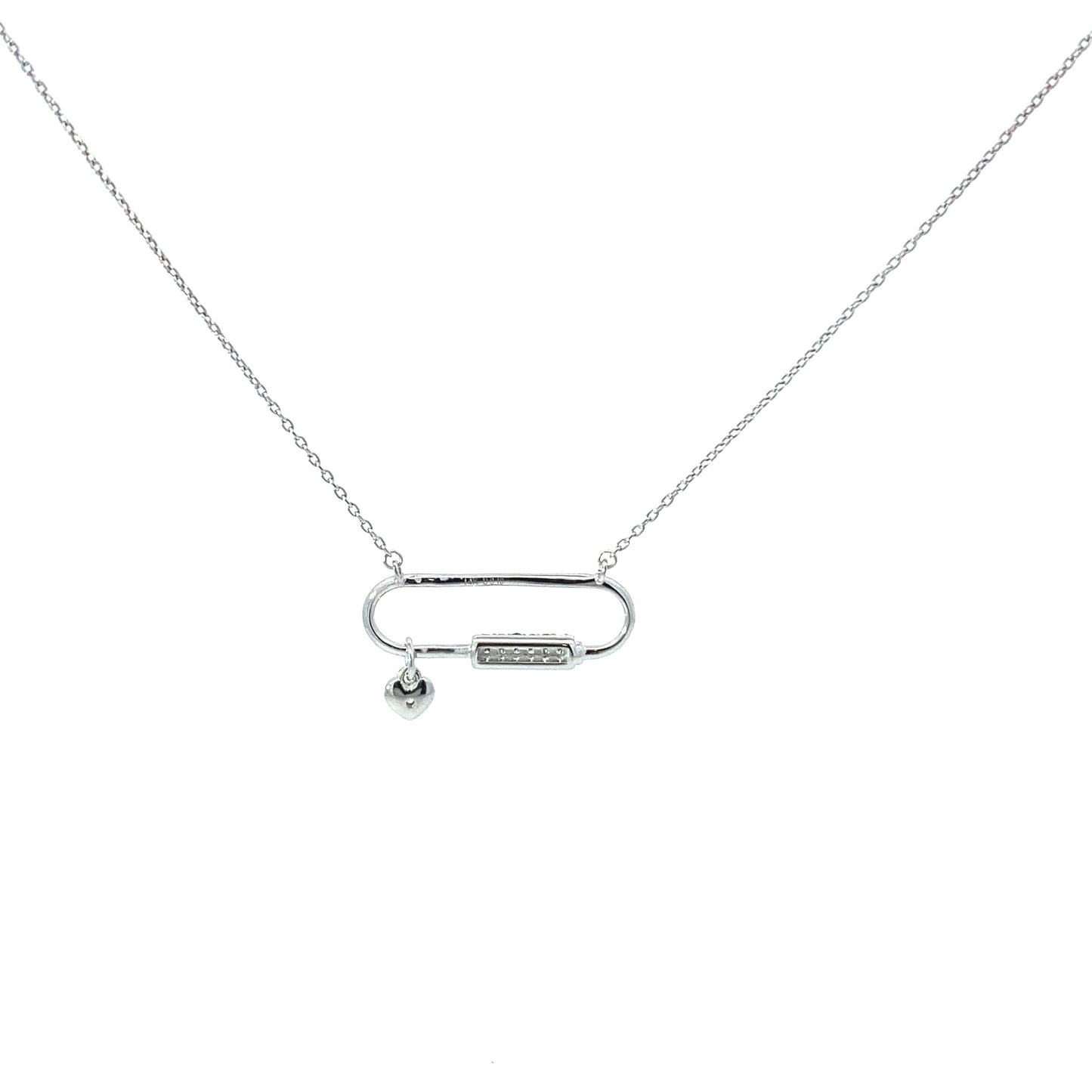 14K Gold Diamond Paper Clip Pendant Necklace With Dangling Heart