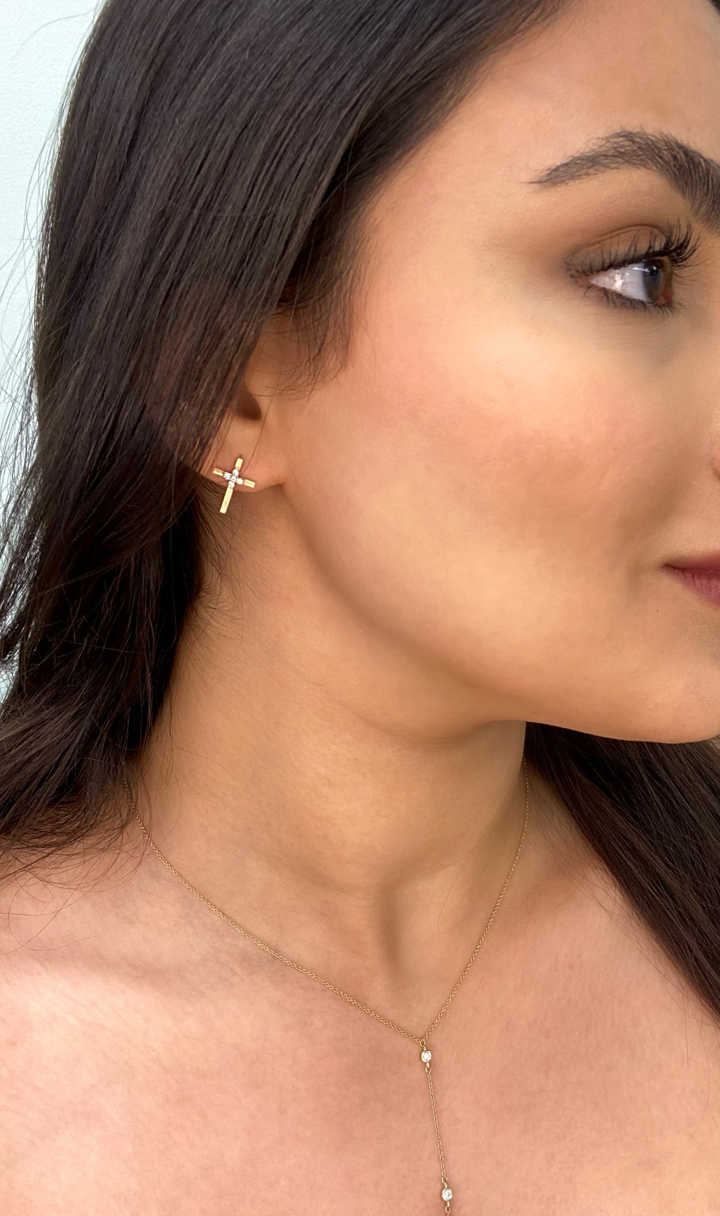 Dainty 14K Gold Diamond Cross Earrings in Mate