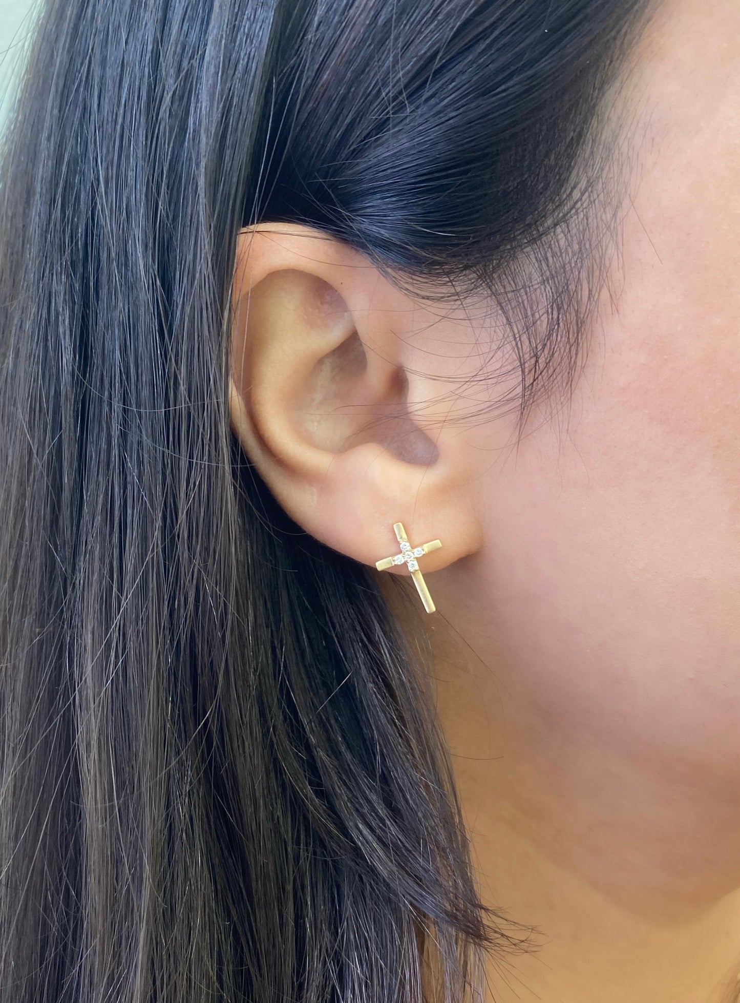 Dainty 14K Gold Diamond Cross Earrings in Mate