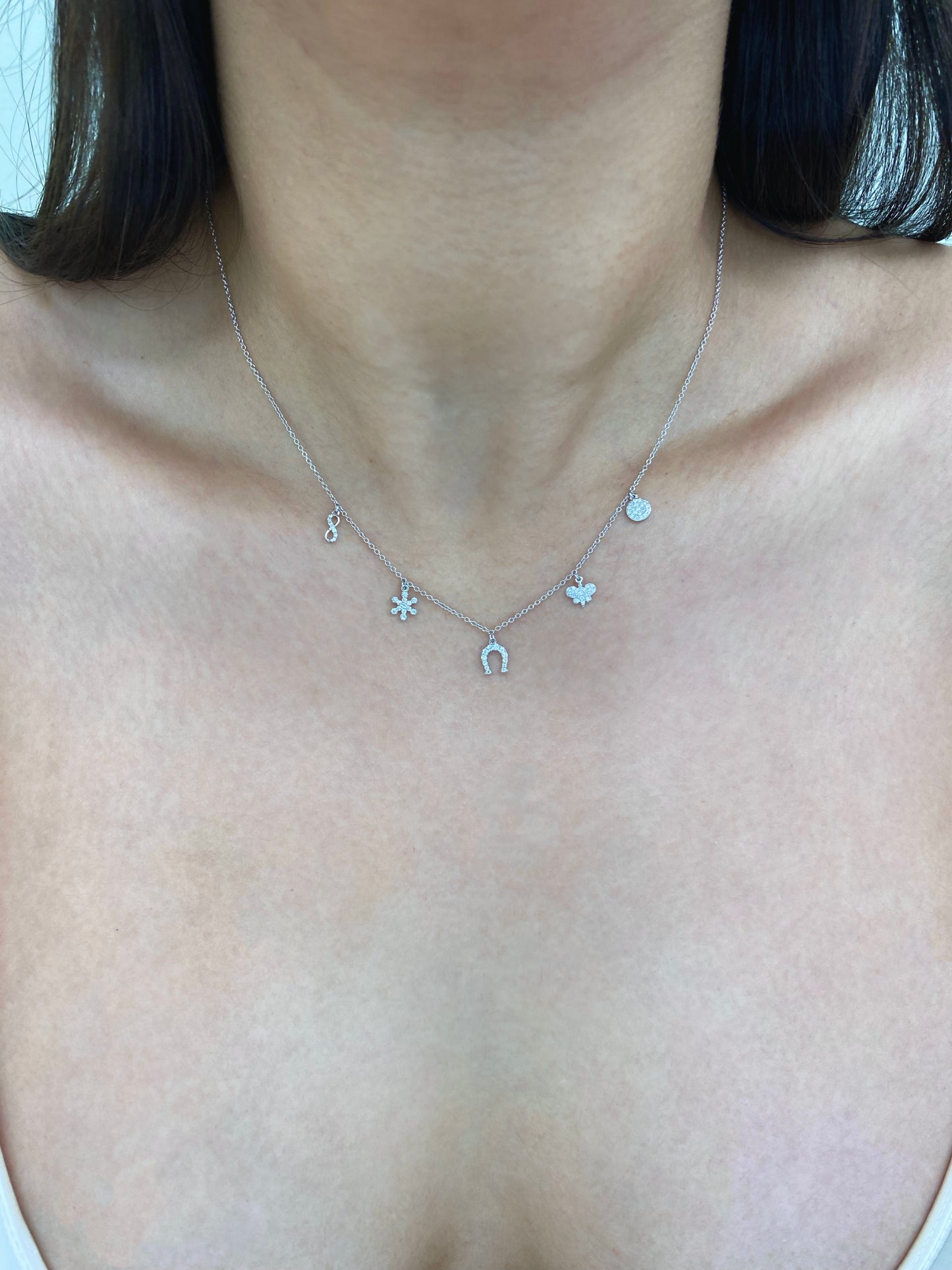 18K White Gold Chain Necklace with Dangling Diamond Charms