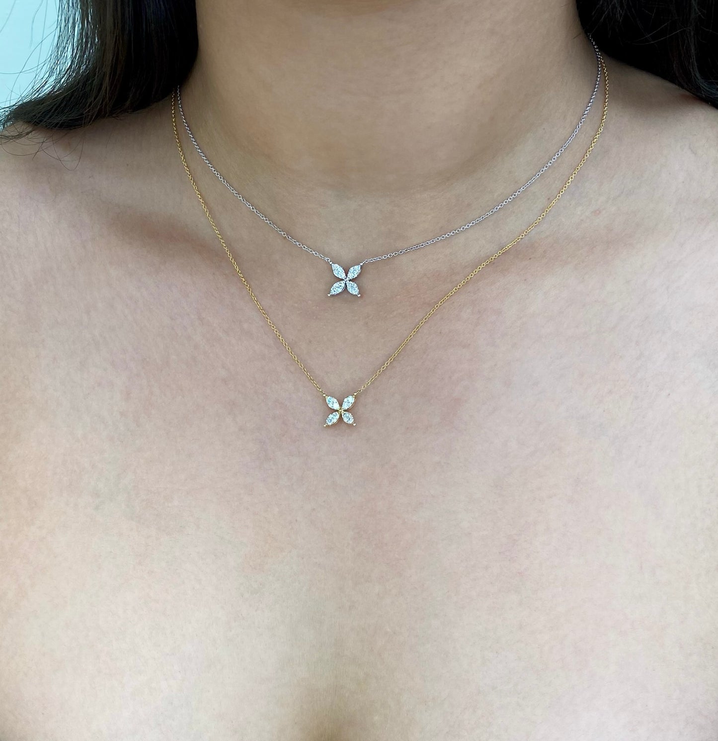 14K Solid Gold Flower Pendant Necklace with Natural Diamonds