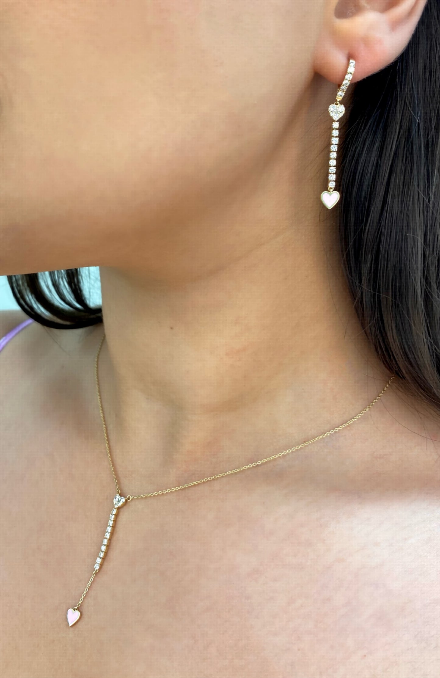 Sparkling Enamel Heart Long Diamond Hoops Drop Earrings